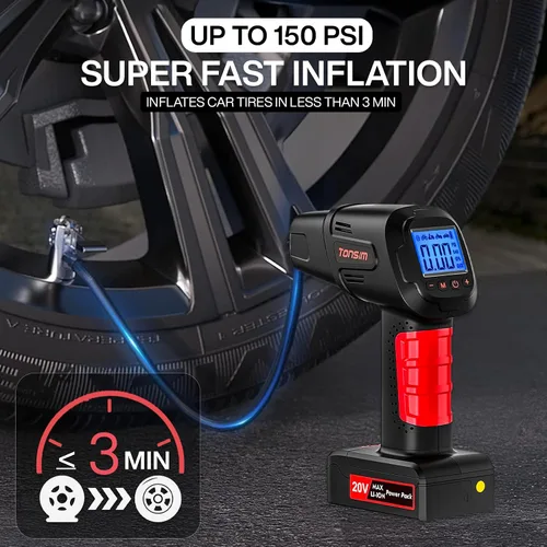 Miniatura 2 de Tonsim Inflador de neumáticos inalámbrico de 20 V, compresor de aire portátil con batería recargable, adaptador de 12 V CC, manómetro digital y luz