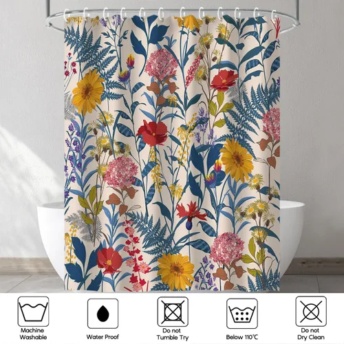 Miniatura 4 de RosieLily Cortinas de ducha, juego de cortinas de ducha florales con 12 ganchos, cortinas de ducha coloridas florales y hojas, decoración de baño