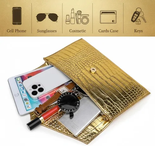 Miniatura 4 de Bolso de mano dorado para mujer, de cuero vegano metálico, bolso cruzado de noche para vestido formal, boda, fiesta cuero vegano