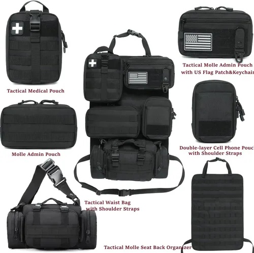 Miniatura 3 de Pack de 6 organizadores tácticos Molle para respaldo de asiento de coche - Organizador táctico de panel para vehículo con 5 bolsas Molle
