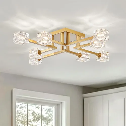 Miniatura 10 de XINGQI Lámpara de techo moderna de 6 luces, lámpara de montaje semiempotrado Sputnik, lámparas de araña doradas en negro para recámara, comedor