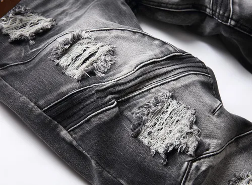 Miniatura 5 de XIMXIMMTIAN Jeans rectos para hombre, estilo motociclista, desgastados, desgastados, desgastados, rectos