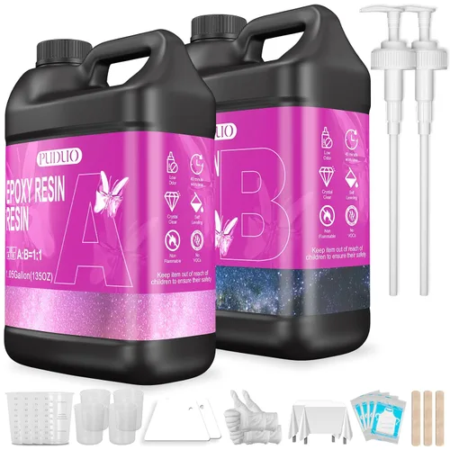 Puduo Kit de resina epoxi de 2.1 galones, resina epoxi transparente recién formulada, fuerte, sin burbujas, resina artística antiamarilleamiento