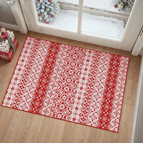 Alfombra de Área Navideña 2x3 pies Copo de Nieve Rojo Tapete Decorativo Navideño para Entrada Cocina Lavable Antideslizante Suave Pelo Bajo Alfombra