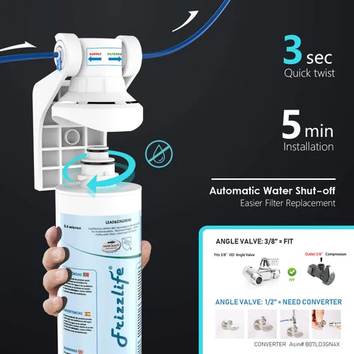 Miniatura 4 de Frizzlife Filtro de agua para debajo del fregadero, sistema de filtración de agua potable certificado NSF/ANSI 53 y 42, 0.5 micras que elimina