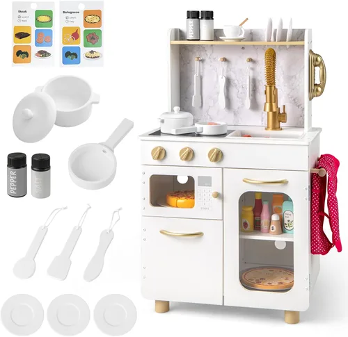 INFANS Juego de cocina para niños, juego de cocina de madera para niños pequeños con estufa de teléfono, gabinete de almacenamiento de microondas,