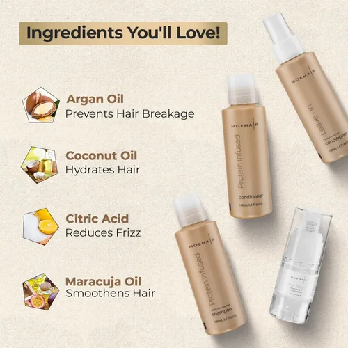 Miniatura 2 de MOEHAIR Kit de viaje (champú proteico, acondicionador, acondicionador sin enjuague y suero para el cabello), sin sulfatos ni parabenos Adecuado