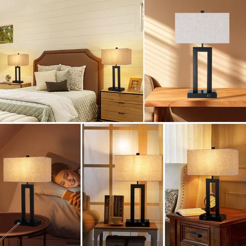 Miniatura 7 de Juego de lámparas de mesa modernas de 2 a 22 pulgadas de alto con puertos de carga USB-C/USB-A y tomacorriente, tela regulable continua, lámparas