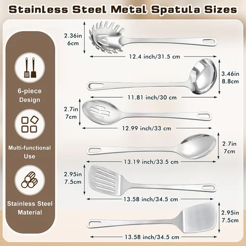 Miniatura 6 de Juego de 9 utensilios de cocina de acero inoxidable, herramientas de cocina de metal resistentes al calor, incluye espátula Wok sólida y ranurada