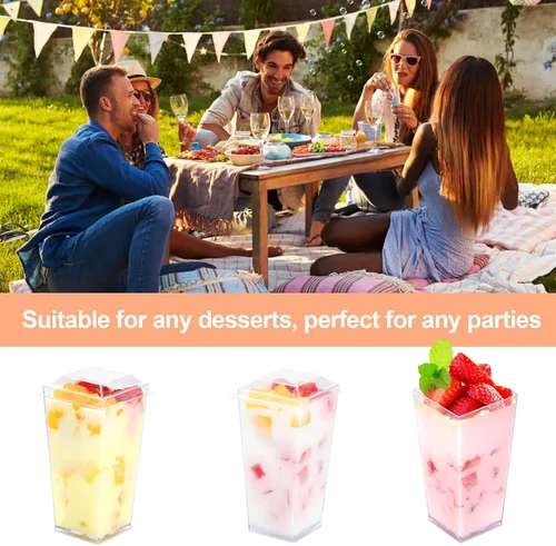 Miniatura 6 de EASERCY Paquete de 100 mini tazas de postre de 3 onzas con tapas y cucharas, tazas transparentes para postres con cucharas, tazas de parfait