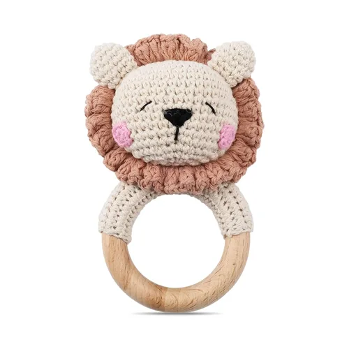Miniatura 8 de Sonajero de madera para bebé,Sonajero de conejo de ganchillo con anillo de madera, Juguete de sonajero de animales de madera para recién Conejito-1