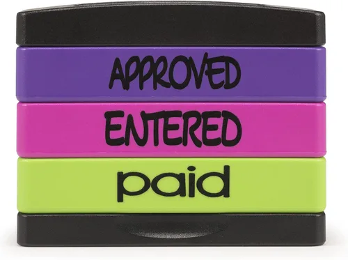Miniatura 4 de Stakz - Sello de mensaje preentintado – Aprobado, ingresado, pagado – tinta púrpura, rosa, verde – Tamaño de impresión: 5/8 "x 1-13/16