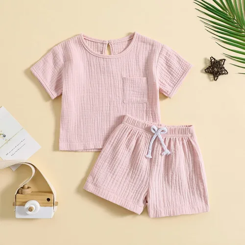 Miniatura 2 de Conjunto de 2 piezas de camiseta de algodón y lino de manga corta y pantalones cortos elásticos, 2 piezas, ropa casual de verano