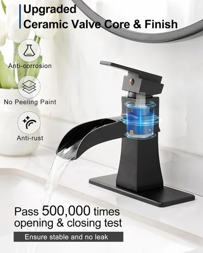 Miniatura 4 de Grifo de Cascada, Grifo de Lavabo de Baño de Latón Negro de 1 Orificio o 3 Orificios (4 Pulgadas) con Mango Único, Desagüe Pop-Up, Mangueras