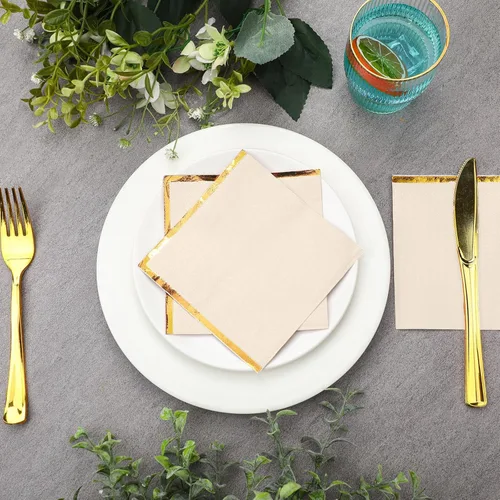 Miniatura 3 de Fulmoon Paquete de 100 servilletas de cóctel de papel de 2 capas con borde de lámina dorada para bebidas, postre, servilletas de papel desechables