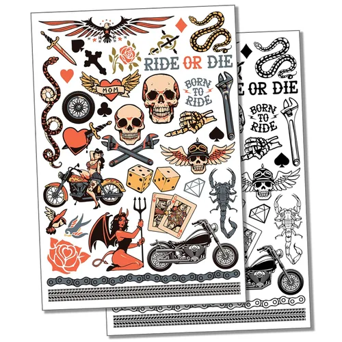 Biker Skulls Motorcycle Club - Tatuaje temporal resistente al agua, colección de arte corporal falso, color (una hoja)
