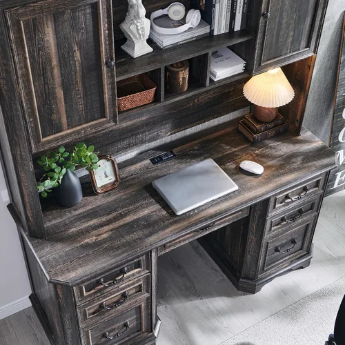 Miniatura 3 de T4TREAM - Escritorio ejecutivo de 59" estilo granja con estante superior, escritorio de madera para oficina en casa, con bandeja para teclado
