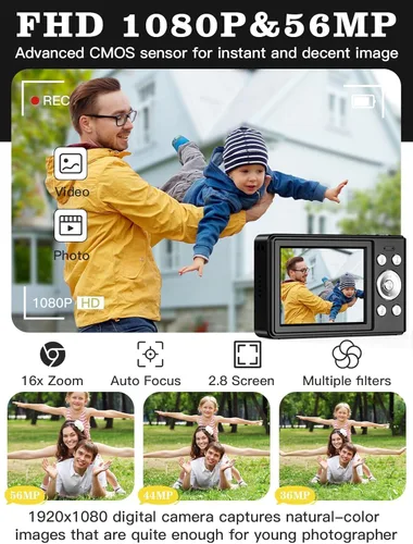 Miniatura 2 de Cámara digital mejorada, 56MP FHD 1080P para niños con zoom 16x anti-sacudida, tarjeta TF de 32GB, dos baterías, cordón, compacta pequeña para niños