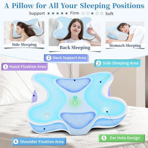 Miniatura 2 de Almohada de espuma viscoelástica cervical para alivio del dolor de cuello - Almohada ergonómica con contorno para dormir de lado, espalda y Azul