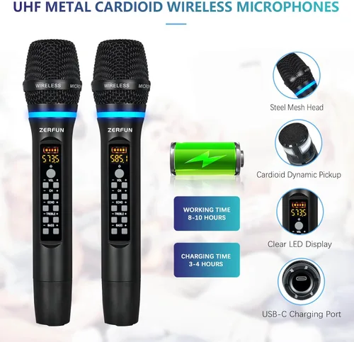 Miniatura 4 de Micrófonos inalámbricos duales recargables, sistema de micrófono inalámbrico de metal UHF micrófono inalámbrico profesional con control de eco