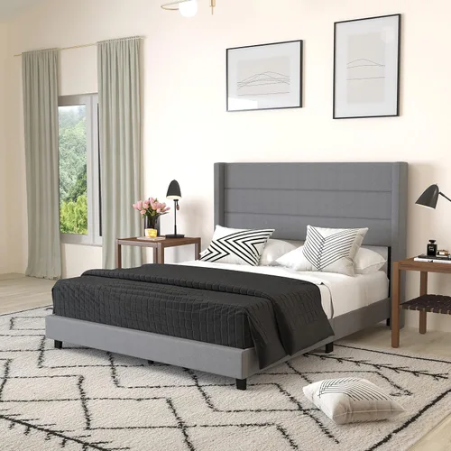 Miniatura 11 de Merrick Lane Percy - Cama de plataforma moderna, lino sintético beige, tamaño Queen, cabecero acolchado con respaldo con alas cosidas de canal
