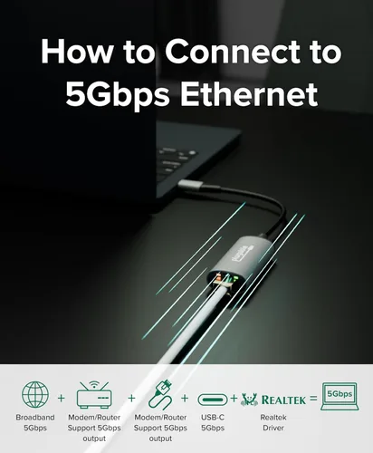 Miniatura 6 de Plugable Adaptador USB-C a Ethernet de 5 Gbps, actualiza dispositivos USB-C sin Ethernet a redes cableadas estables ultrarrápidas