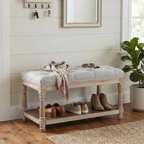 Miniatura 12 de Kmax Banco de Almacenamiento para Entrada Acolchado Banco Zapatero Banco de Ventana de Madera Negra para Pasillo Entrada Dormitorio Esquina, Beige