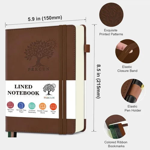 Miniatura 2 de PERCUN Cuaderno rayado para hombres y mujeres, 160 páginas con rayas universitarias para escribir, cuadernos A5 de cuero de tapa dura para el Marrón