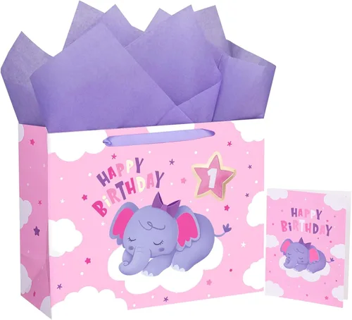WRAPAHOLIC Bolsa de regalo grande de 13 pulgadas con tarjeta y papel de seda, adorable bolsa de regalo de elefante para bebé, baby shower, fiesta
