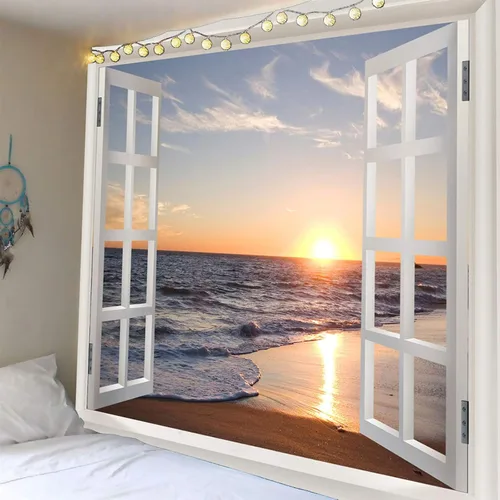 Miniatura 4 de Homiest Tapiz 3D oceánico para colgar en la pared, sol, puesta de sol, playa, paisaje, tapiz de ventana, para dormitorio, sala de estar, decoración