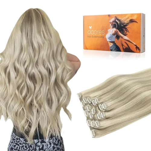 DOORES Extensiones de cabello humano real con pinzas, balayage, rubio ceniza con reflejos rubio platino, 4.23 oz, 7 unidades, 18 pulgadas, lacio