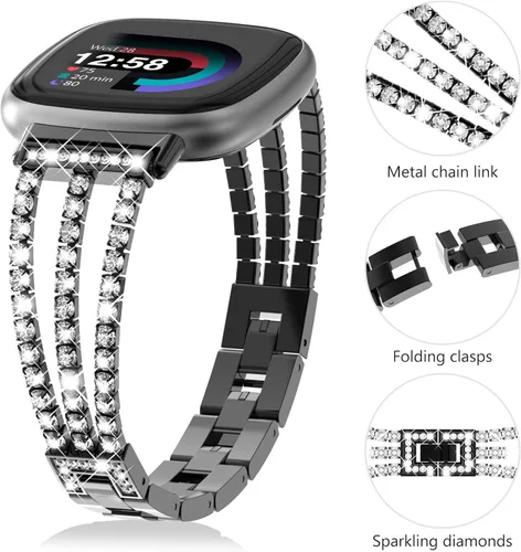 Miniatura 6 de FULLIFE Compatible con Fitbit Versa 3/Fitbit Versa 4 con diamantes de cristal, correa de acero para Fitbit Sense/Fitbit Sense 2 para mujer