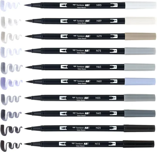 Miniatura 5 de Tombow 56171 Marcadores artísticos de doble pincel, escala de grises, paquete de 10. Marcadores mezclables, con pincel y punta fina
