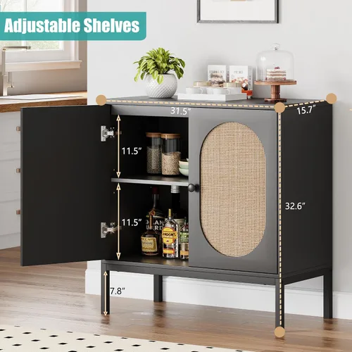 Miniatura 7 de IDEALHOUSE Gabinete de buffet, armario de almacenamiento de ratán con puertas y estantes, aparador de armario, armario de consola de madera