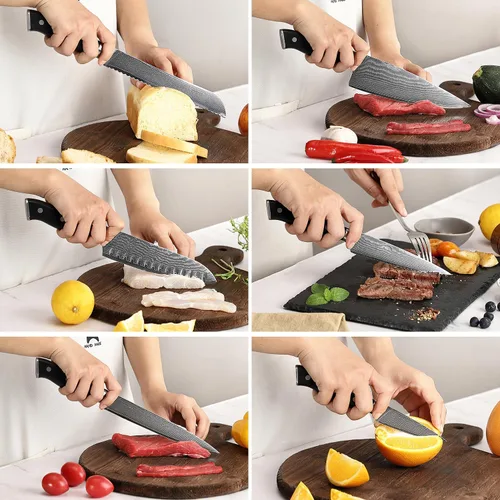 Miniatura 4 de NANFANG BROTHERS Juego de cuchillos de cocina de Damasco de 9 piezas con bloque, mango ergonómico ABS para juego de cuchillos de chef, afilador