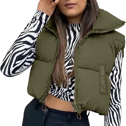 Miniatura 2 de Chaleco corto de invierno para mujer con cremallera cuello alto acolchado sin mangas abrigado abrigado acolchado abrigo acolchado