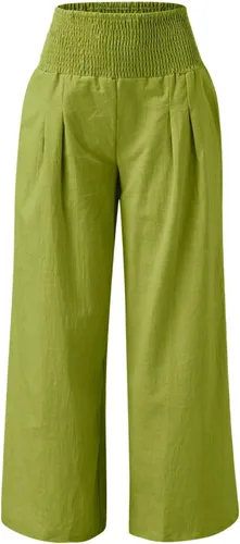 Lroplie Pantalones sólidos de cintura alta para mujer, pantalones de cintura elástica, ligeros, pierna ancha, pantalones casuales de moda con