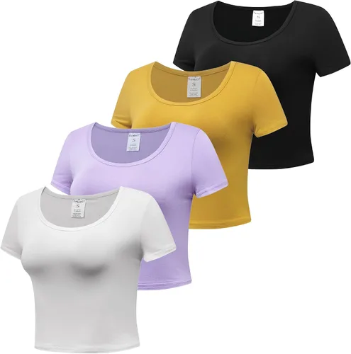 Miniatura 2 de Formeet17 4 piezas de camisetas cortas básicas con cuello redondo y manga casquillo para mujer