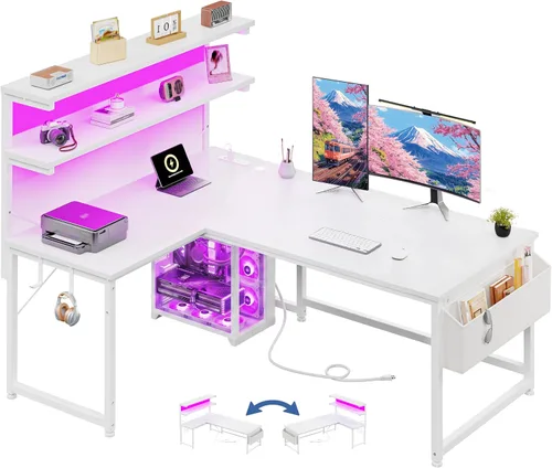 Miniatura 12 de DurayLoly Escritorio en forma de L para juegos con luz LED y toma de corriente, escritorio reversible en forma de L para computadora de 43.3