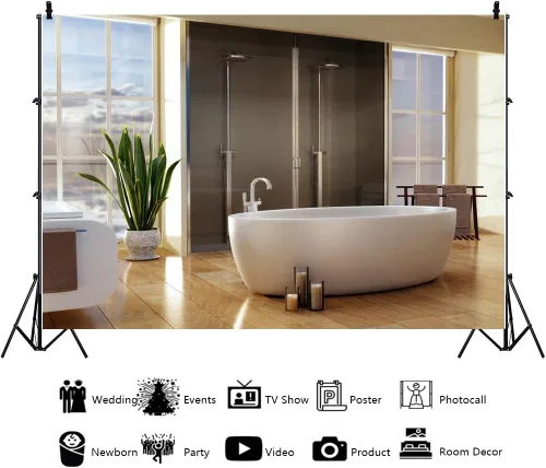 Miniatura 3 de YongFoto Decoración de interiores de baño de 5 x 3 pies, moderno, fondo de fotografía, bañera de lujo, plantas verdes, telón de fondo de piso