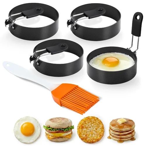 Miniatura 10 de 2 anillos de huevo para freír huevos, molde redondo de acero inoxidable de 2.89 pulgadas, mango plegable, resistente al calor y no deformable