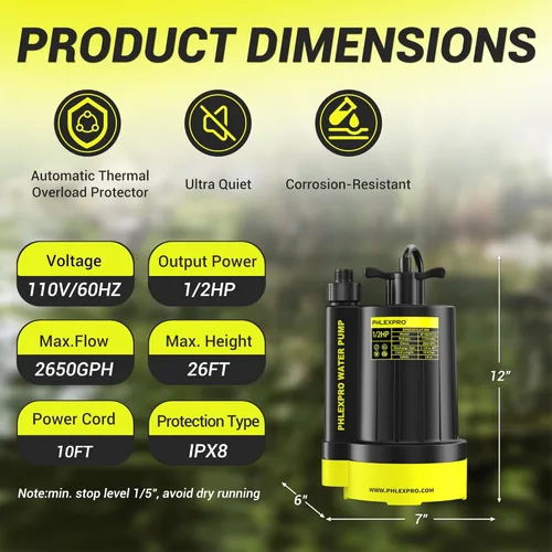 Miniatura 2 de Bomba de agua sumergible automática de 1/2 HP, bomba de sumidero de 110 V sumergible con extracción de agua de 2650 gph, adaptador de válvula