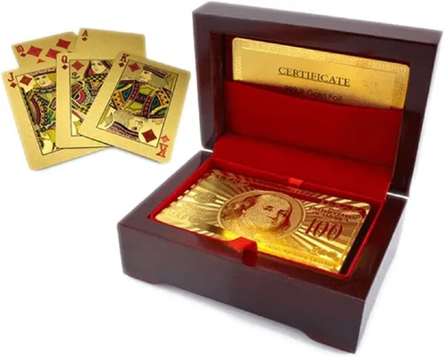 Cartas de póquer de lujo de lámina de oro de 24 quilates con caja de madera, tarjetas impermeables para fiesta, camping, regalo de cumpleaños y Caja