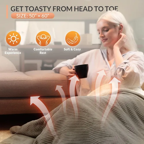 Miniatura 5 de Manta calefactora HOMLYNS LuxeHeat, de franela suave y sherpa, manta eléctrica con 5 ajustes de calor, calentamiento rápido, manta calefactora