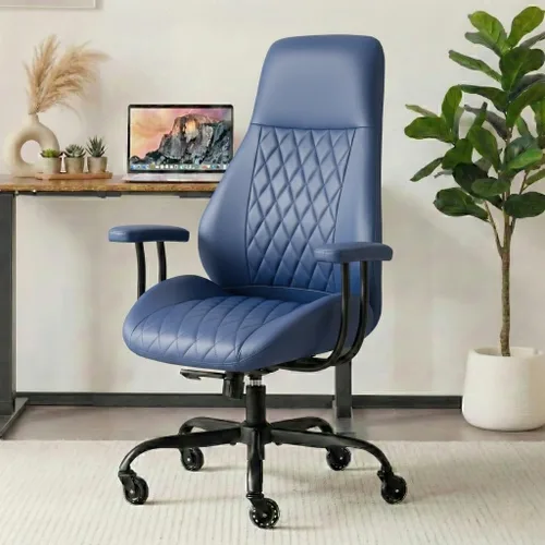 Miniatura 11 de E-Motie Silla de Escritorio para Oficina en Casa, Silla de Computadora de Cuero Ergonómica de Respaldo Alto con Soporte Lumbar, Altura Ajustable