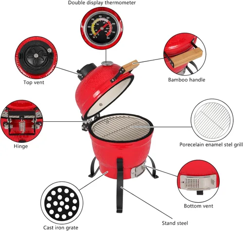 Miniatura 4 de Outvita Parrilla de cerámica, parrilla de carbón Kamado redonda de 13 pulgadas, parrilla portátil con termómetro para variaciones en los métodos