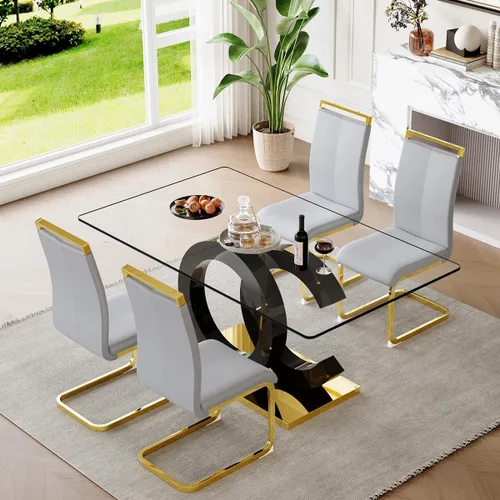 Miniatura 42 de gopop Mesa de comedor de cristal de 63 pulgadas, mesa de cocina moderna, mesa de comedor de vidrio transparente con patas de diseño único negro