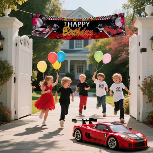 Miniatura 5 de Cartel de feliz cumpleaños de coche de carreras, cartel de patio con temática de auto de carreras para suministros de fiesta de cumpleaños, telón