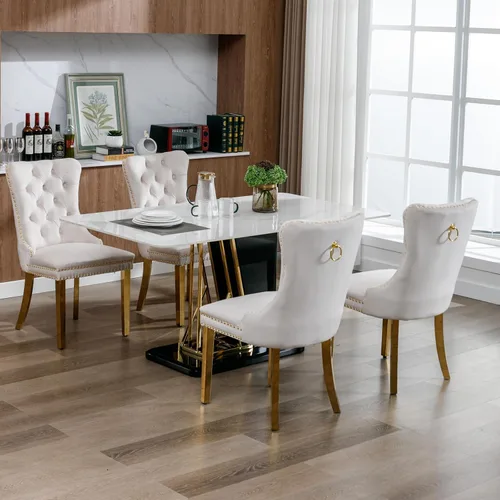 Miniatura 7 de Juego de 2 sillas de comedor de terciopelo, sillas de comedor tapizadas con tirador de anillo trasero, ribete de cabeza de clavo y patas doradas