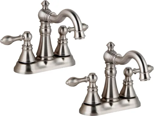 Miniatura 9 de Llave de baño de latón pulido de dos asas de 3 agujeros con conjunto de drenaje emergente, llave de lavamanos clásico de 4 pulgadas con caño